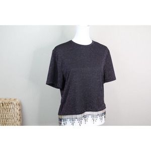 Opening Ceremony Womens Beaded Boxy Shimmer‎ Tee Fringe Top XS/S Multicolor